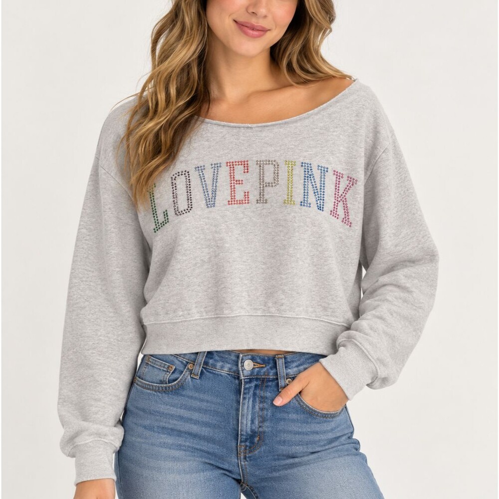 PINK Victoria's Secret LOVE PINK Rhinestone Gray Cropped Sweatshirt Women's L